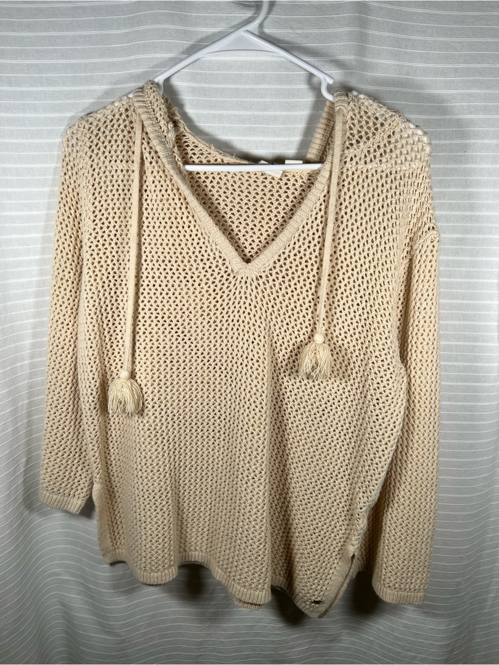 Roxy Cream Crochet Hooded V-Neck Sweater